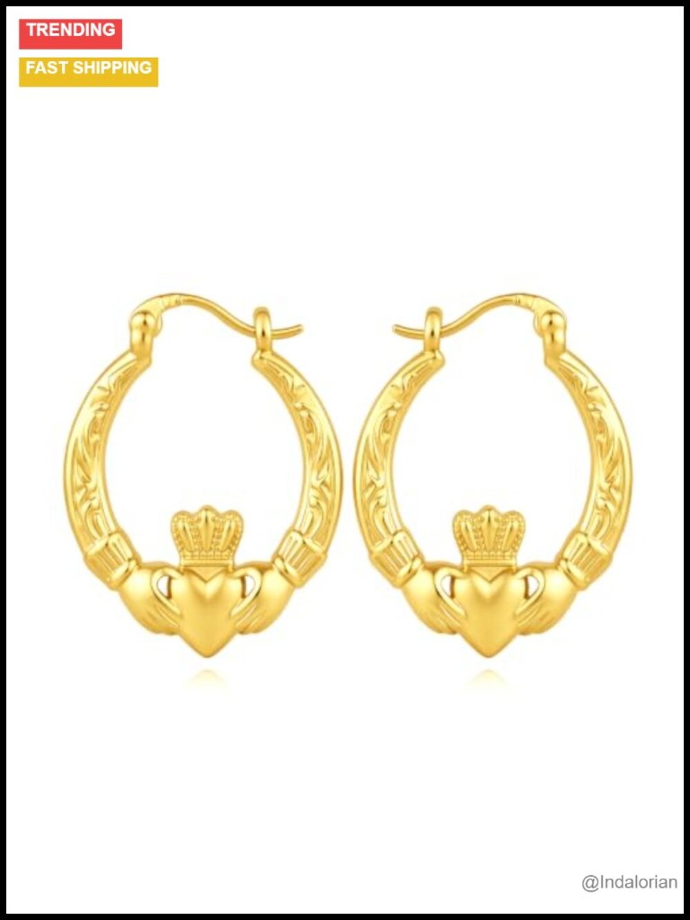 14k Gold Plated Claddagh Hoop Earrings Latch-Back Huggie